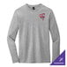 A light heather gray District long sleeve t-shirt with a red logo on the counter.