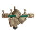 A Watts brass Reduced Pressure Zone Assembly valve with green handles.