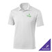 A white Sport-Tek polo shirt with a green logo that says "Forge" on it.