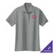 A women's cool gray Port Authority polo shirt with a logo on it.