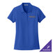 A true royal blue Port Authority women's pique polo shirt with a gold logo on it.