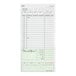A green and white carbonless guest check with a bottom guest receipt used for order taking in restaurants.