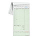 A green and white carbonless guest check pad with segmented sections and a bottom guest receipt.