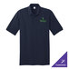 A deep navy Port & Company polo shirt with a logo on it.