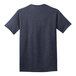 The back of a Port & Company heather navy t-shirt with a white logo.