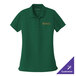 A small women's deep forest green Port Authority polo shirt with a logo on the front.