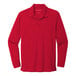 A rich red polyester Port Authority long sleeve polo shirt.