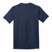 A close-up of a Port & Company navy short sleeve t-shirt.