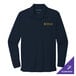 A close up of an extra small navy blue Port Authority long sleeve polo shirt with a white and purple logo.