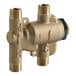 A close-up of a brass Watts Under Sink Guardian thermostatic mixing valve with three holes.