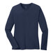A medium navy blue Port & Company ladies long sleeve t-shirt.