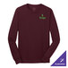 A medium Port & Company long sleeve maroon t-shirt with a logo on it.