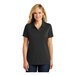 A woman wearing a black Port Authority Dry Zone short sleeve polo shirt.