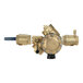 A brass Watts Reduced Pressure Zone Assembly valve with a blue handle.