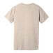 The back of an extra large tan t-shirt with a white logo.