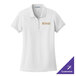 A white Port Authority women's polo shirt with gold embroidery on the chest.