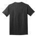 The back of a black Port & Company t-shirt with a white logo.