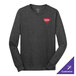 A Port & Company dark heather grey long sleeve shirt on a counter with a red and white logo.