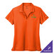 A small women's Nike orange Dri-FIT polo shirt with a logo on it.