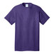 A Port & Company heather purple short sleeve t-shirt with a white label.
