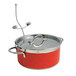 A red and silver Bon Chef Classic Country French pot with a lid in a metal lid holder.