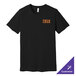 A black Bella + Canvas customizable t-shirt with orange text.