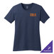 A navy Port & Company women's t-shirt with orange and white text.