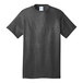A dark heather gray Port & Company T-shirt with a white label.