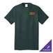 A dark green Port & Company t-shirt with orange and white text.