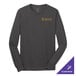 A medium charcoal long sleeve Port & Company T-shirt with a gold logo.