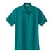 A close up of a teal Port Authority short sleeve polo shirt.