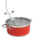 A red and silver Bon Chef Classic Country French pot with a lid on a metal and white lid holder.