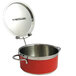 A red Bon Chef Classic Country French pot with a lid in a round metal lid holder.