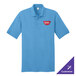An Aquatic Blue Port & Company polo shirt with a stain release logo.
