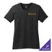 A Port & Company women's black cotton t-shirt with a gold logo on it.
