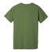 A close-up of the back of a heather green Bella + Canvas customizable t-shirt with a white logo.