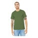 A man wearing a Bella + Canvas heather green customizable short sleeve t-shirt and jeans.