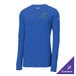 A blue Nike long sleeve shirt with a green Nike logo.