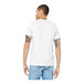 A man wearing a Bella + Canvas white combed ring-spun cotton/poly blend t-shirt.