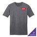 A heathered charcoal District short sleeve t-shirt with a logo on it.