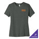 A medium women's deep heather grey Bella + Canvas customizable t-shirt with orange text that says "zebra"