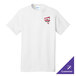 A white Port & Company t-shirt with a purple triangle and white logo.