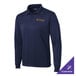 A Sport-Tek True Navy long sleeve polo shirt on a table with gold embroidery.