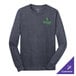 A heather navy long sleeve shirt with a green logo on it.