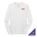 A white Port & Company long sleeve t-shirt with orange and white letters.