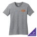 A women's athletic heather grey Port & Company short sleeve t-shirt with a white and orange logo.