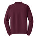 A back view of a long sleeved burgundy Port Authority polo shirt.