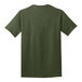 The back of a green Port & Company t-shirt with a white logo.