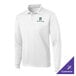 A white Sport-Tek long sleeve polo shirt. The shirt has green and white embroidery.