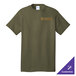 An olive drab green Port & Company short sleeve T-shirt with a logo on it.